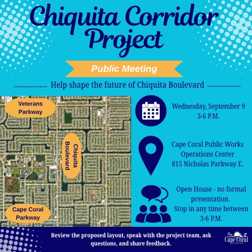 Flyer for the Chiquita Corridor Project Public Meeting on Wednesday September 9 from 3-6pm, at the public works operations center.